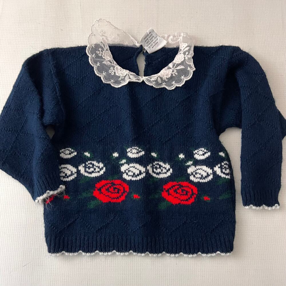 Vintage Hot Fudge Blue Sweater Floral Peter Pant‎ Collar Girls Size 3 or 4 ?